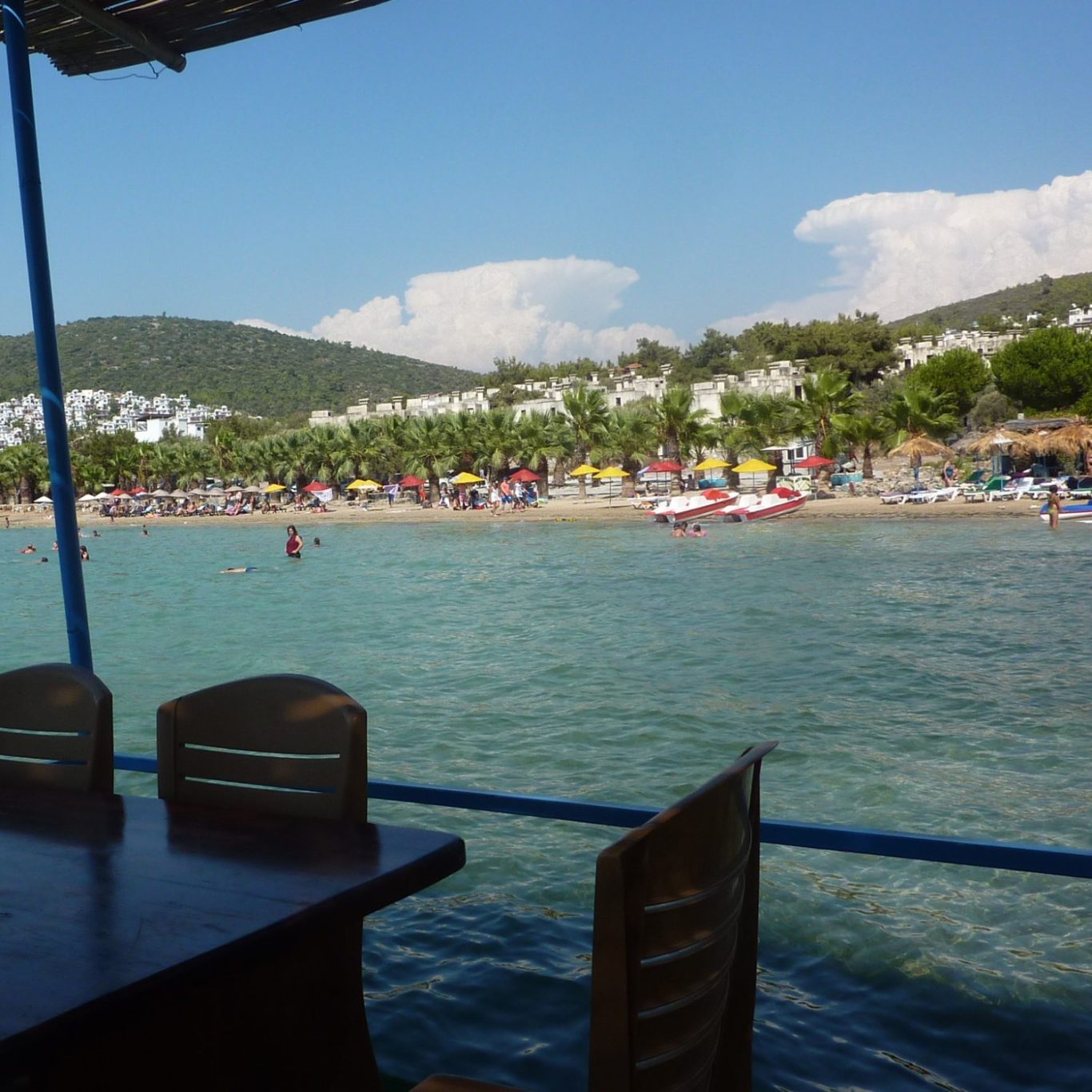 Zeytinlikuyu Koyu ve Plaj Manzarası Zeytinlikuyu sahilinde deniz kenarındaki bir restorandan panoramik bakış. Berrak denizin hemen bitimindeki kumsalda renkli güneş şemsiyeleri